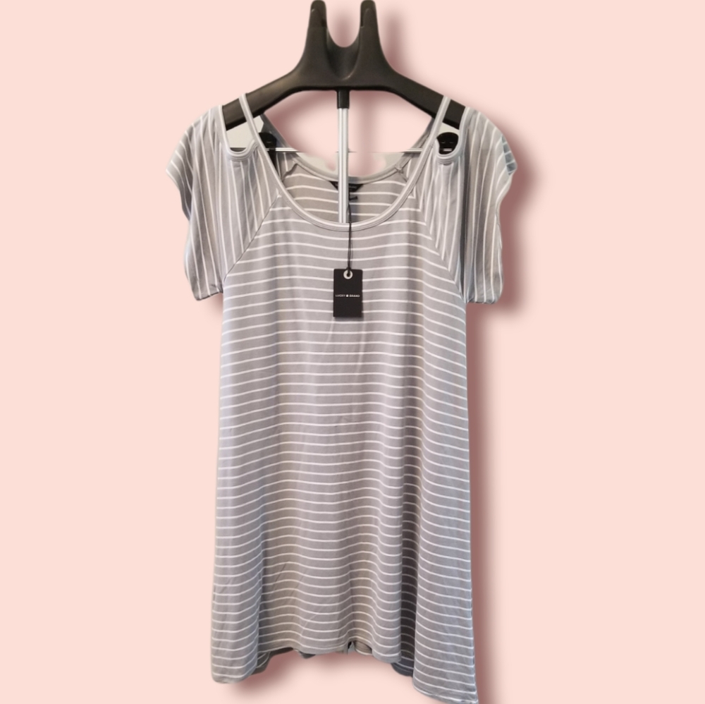 Lucky Brand open shoulders grey & white stripe dress NWT